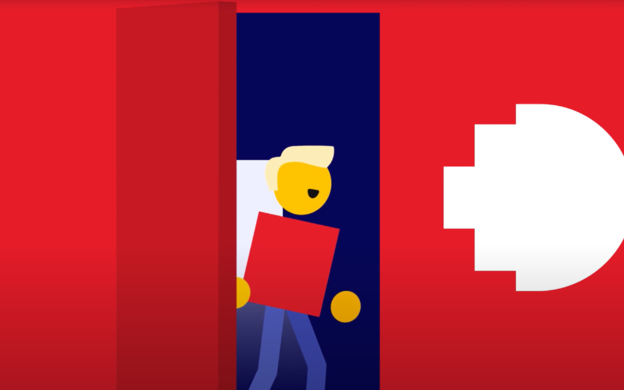 Illustration of a yellow person with blonde hair carrying a red square, walking through an open red door with a large white RMIT logo on a red background.