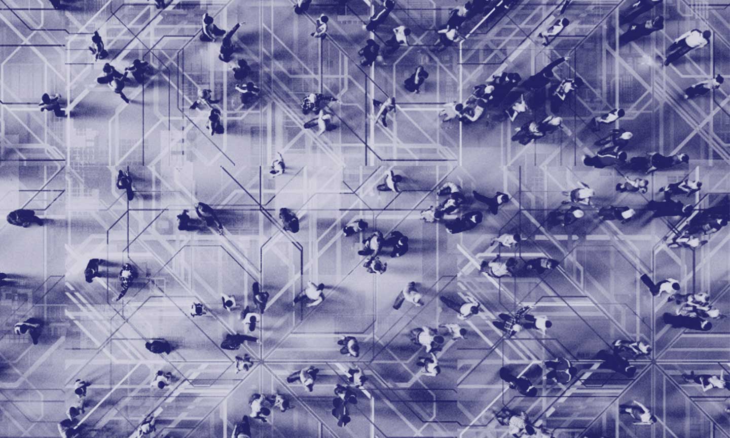 People walking with network of lines