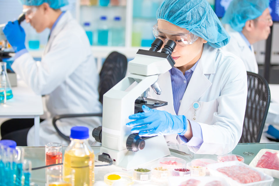 Lady wearing white lab coat, blue rubber gloves, a blue hair-net and clear protective eyewear, looking into a microscope.