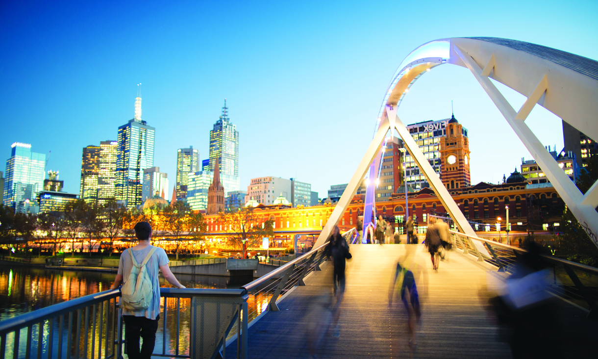 Melbourne city skyline at sunset