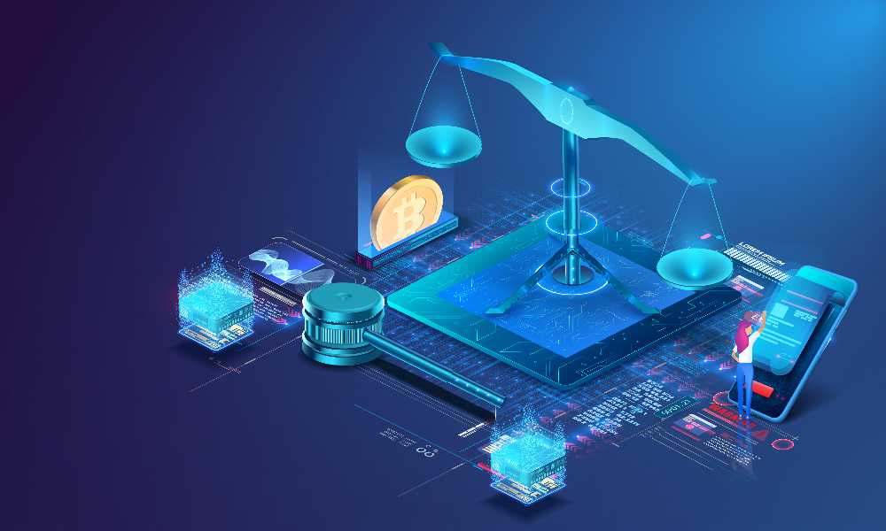 Cryptocurrency concept with justice in the balance