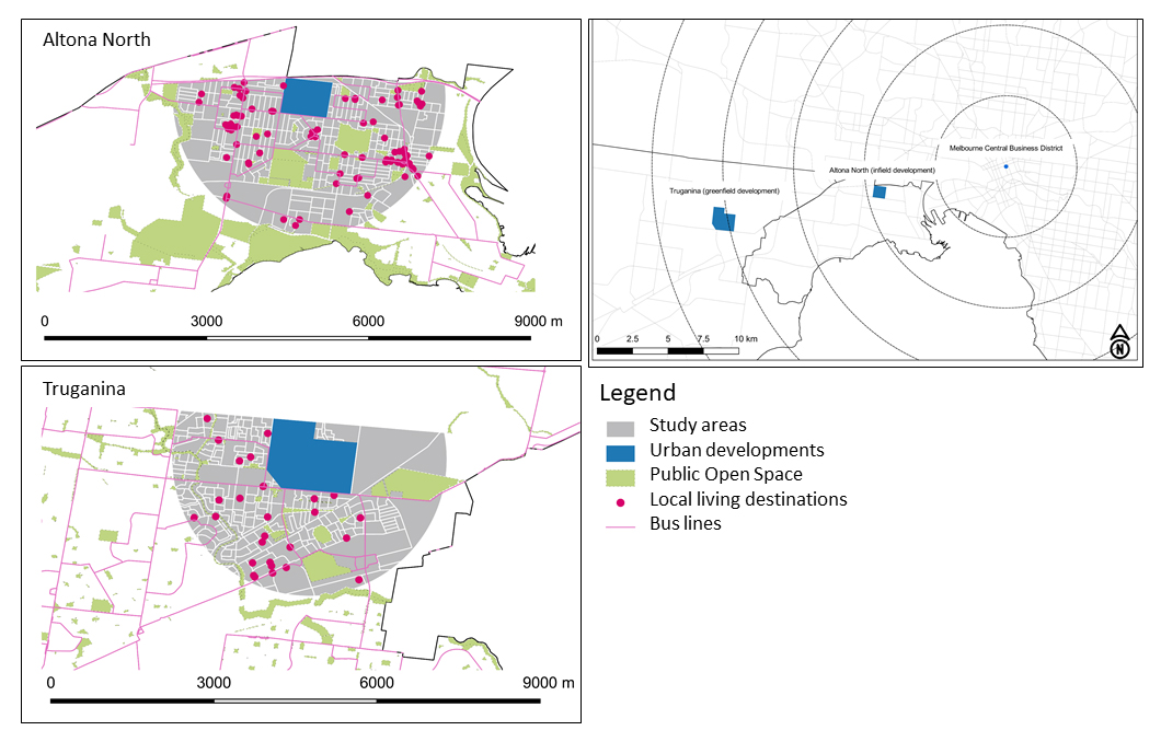 Maps of brownfield Altona North and green-field area of Truganina showing their urban structure, access to destinations, public open space and bus lines.