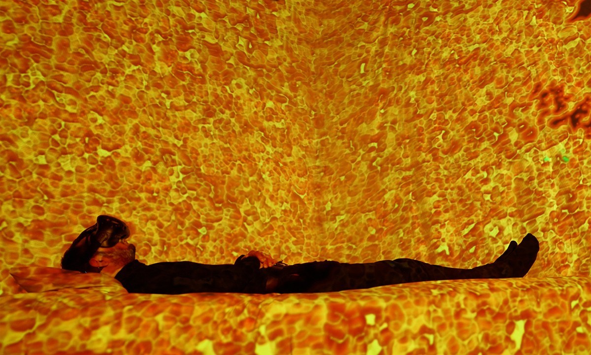 Inter-Dream involves an interactive bed and ambient music controlled by the artists, and kaleidoscopic visuals controlled by the user with their own brainwaves, via EEG.