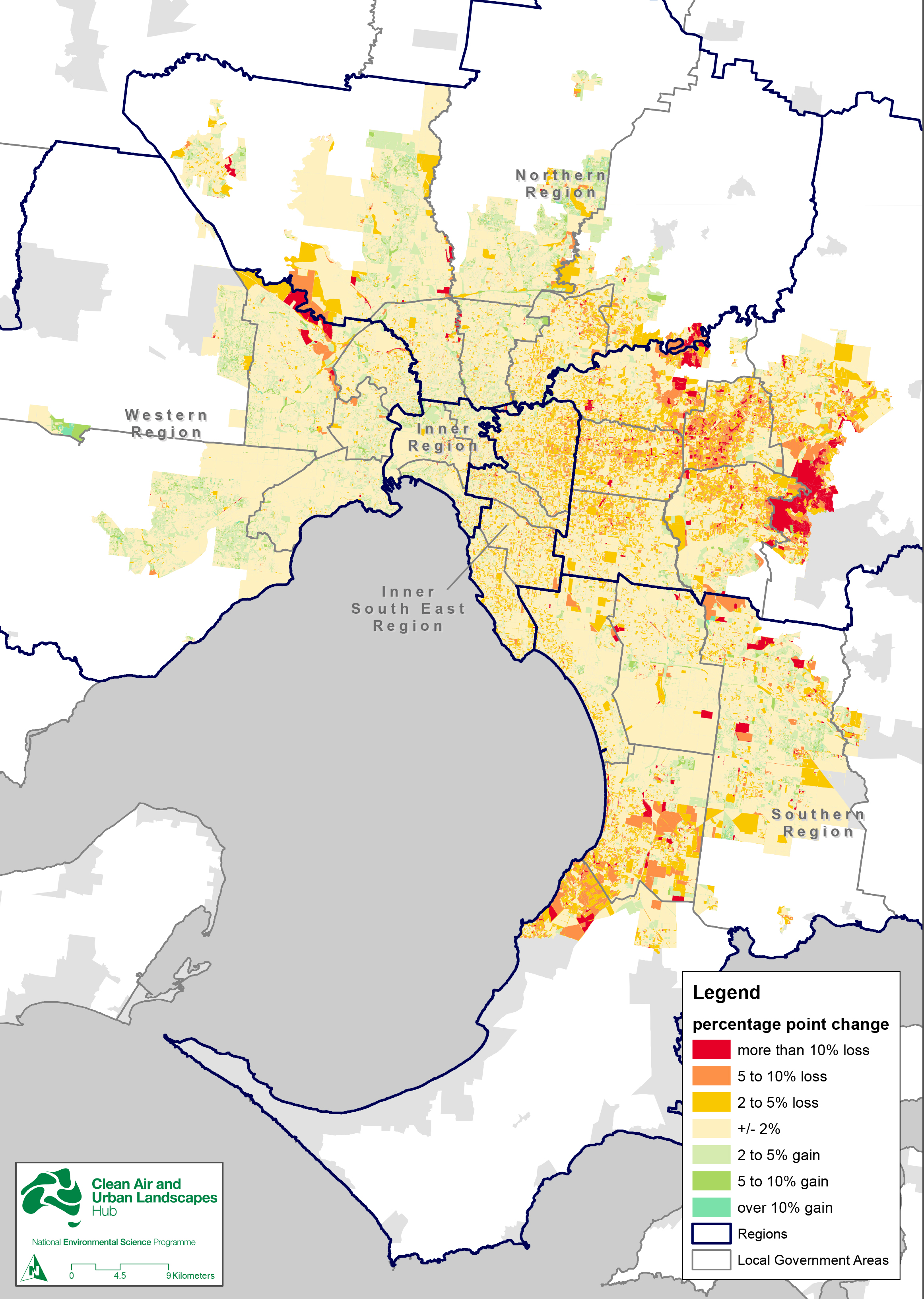 Tree cover change in metropolitan Melbourne in 2018. Author supplied.