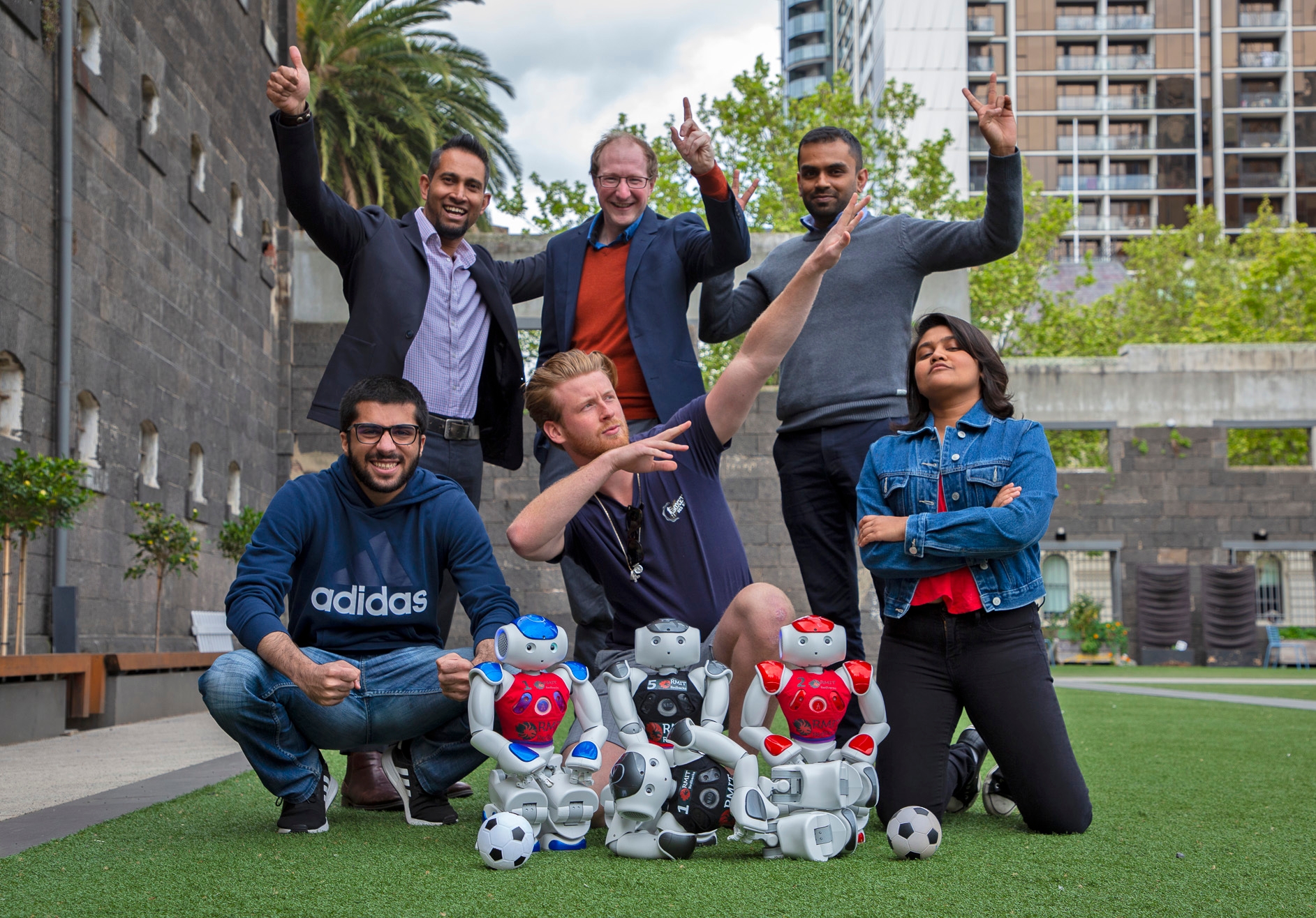 RMIT's RoboCup 2020 squad: (top row) John Thangarajah, Timothy Wiley, Ruwan Tennakoon. (middle row) Talal Meshari, Sam Komesarook, Milindi Kodikara. (bottom row) The RedbackBots.
