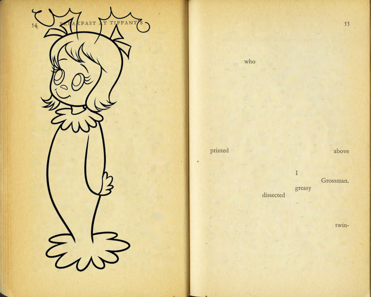 The reading machine's take on pages 44-45 of Truman Capote's Breakfast at Tiffany's. 