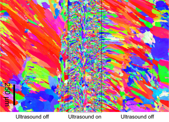 Visualisation of grain structure in 3D printed Inconel 625 achieved by turning the ultrasound on and off during printing.