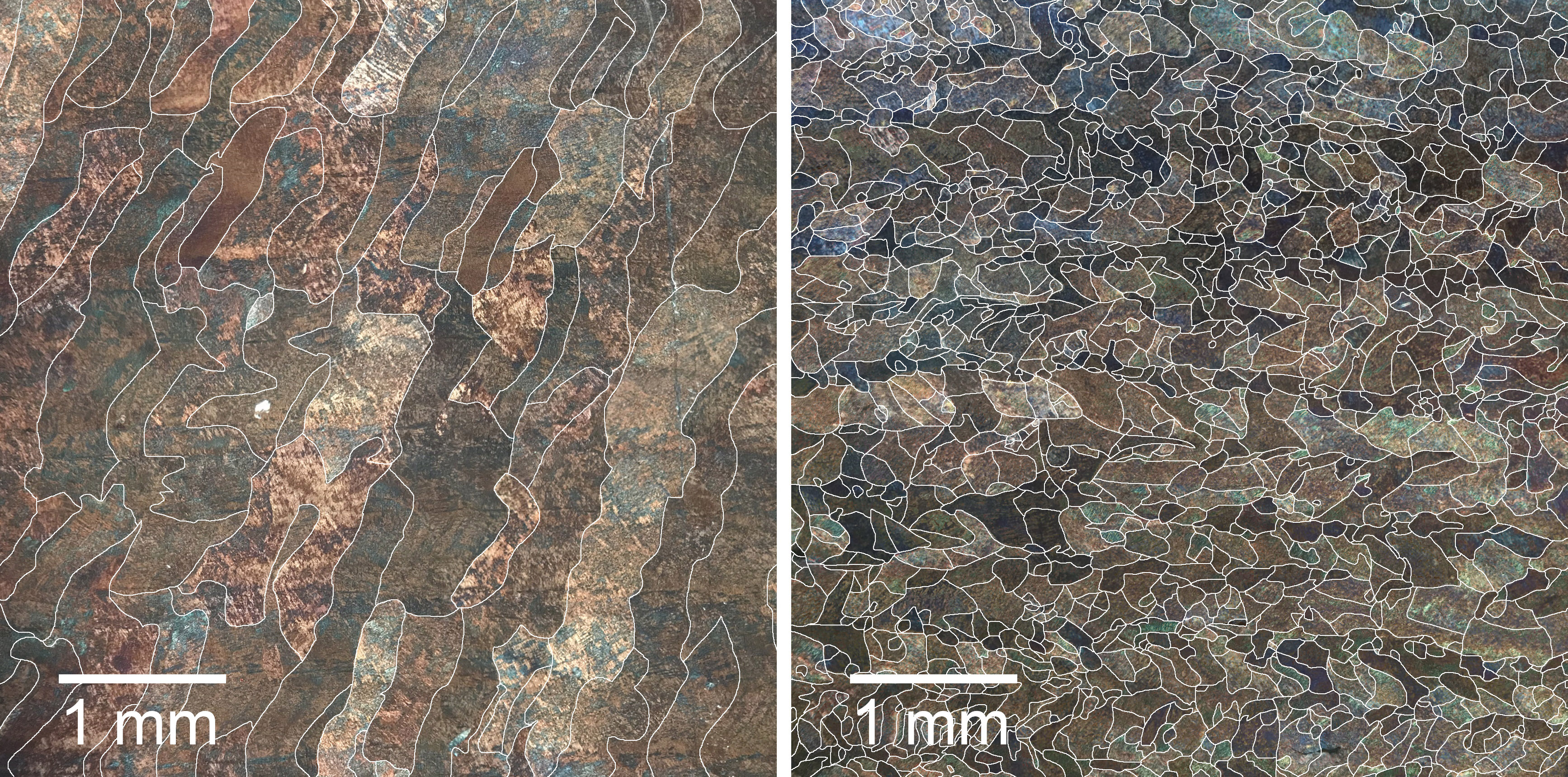 3D printed Titanium alloys under an electron microscope: sample on the left with large, elongated crystals was printed conventionally, while sample on the right with finer, shorter crystals was printed sitting on a ultrasonic generator.