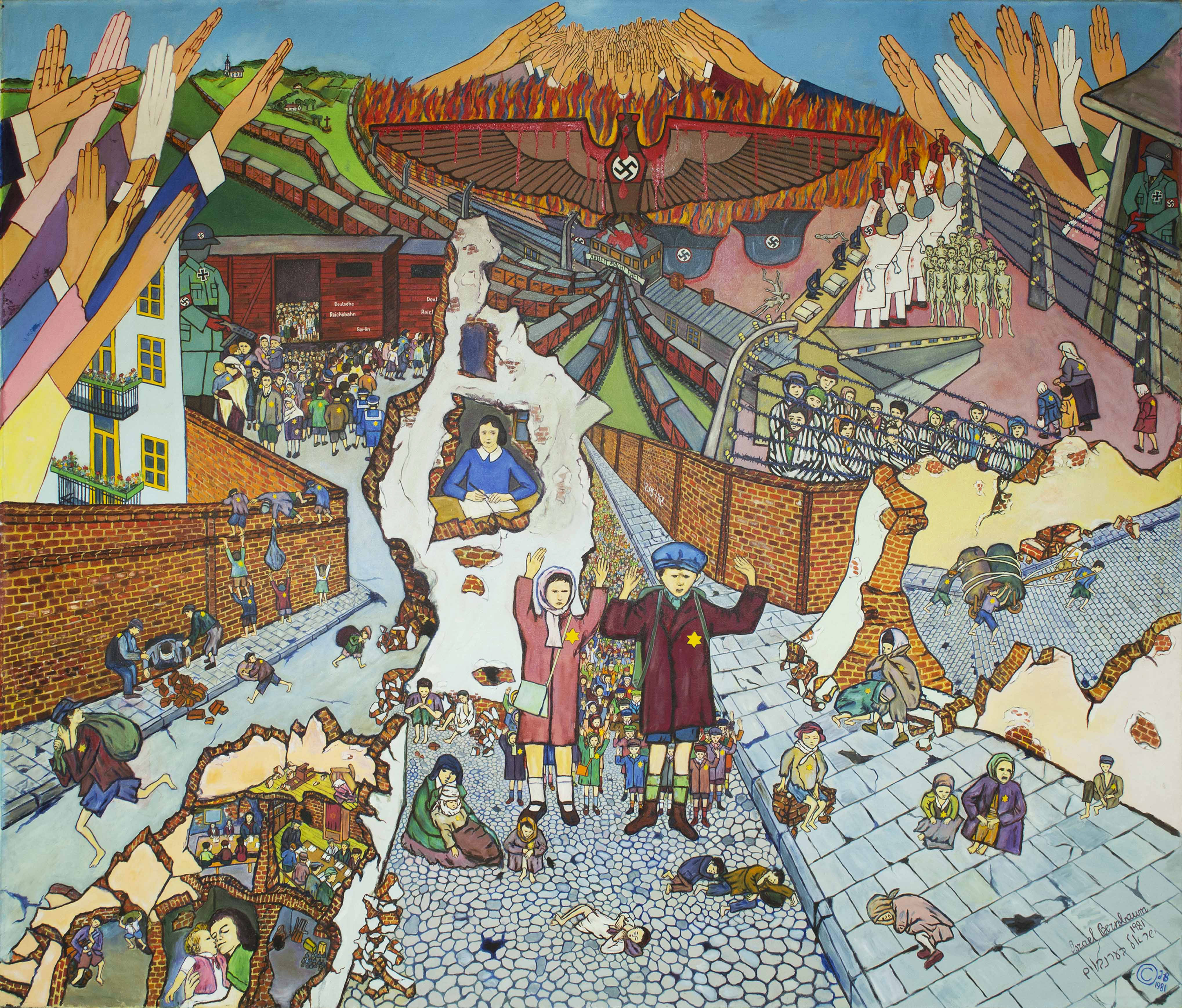 'Jewish Children in Warsaw Ghetto and in the Death Camps'. Oil on canvas by Israel Bernbaum, 1981. Montclair State University Permanent Collection, MSU 2011.003.002.