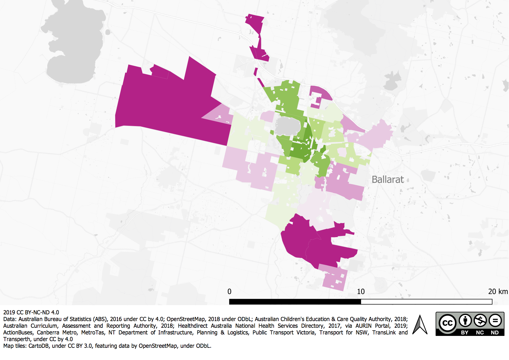 This map of Ballarat's suburbs combines six domains of liveability found to be associated with health and wellbeing outcomes: walkability and access to social infrastructure, public transport, larger public open space, affordable housing and local employment. Areas of Ballarat that performed best for liveabilty are shaded in green. Areas with lower levels of liveabilty shaded in pink.