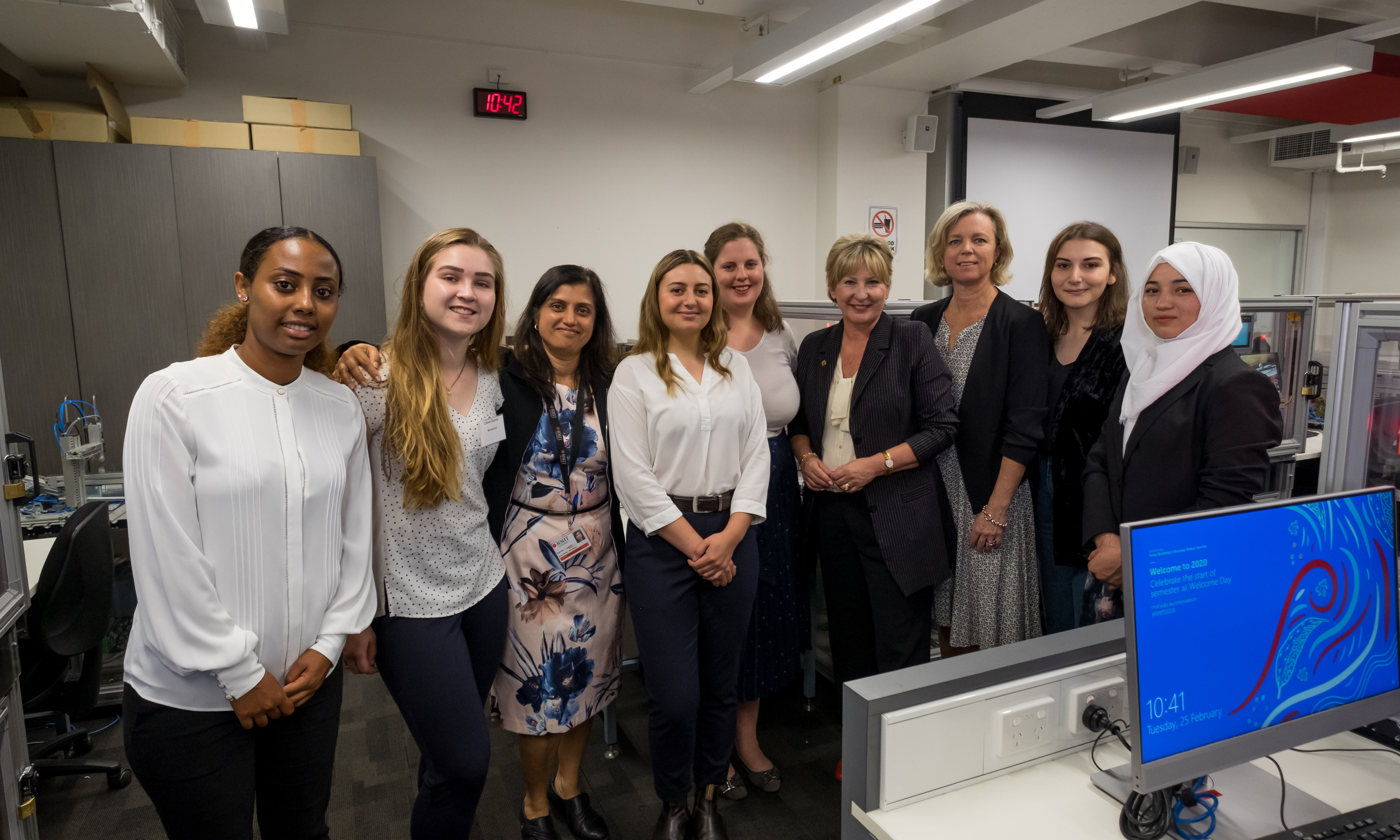 Minister Tierney with students and staff involved in the Women in STEM VE project at RMIT