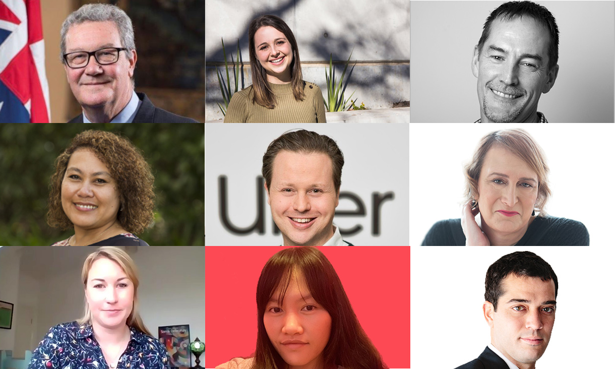 L:R, Top:Bottom, Alexander Downer, Ashleigh Streeter, Andrew Garrihy, Karen Mundine, Michael Valvo, Sally Goldner AM, Vivienne Nunis, Mi Tran, Miguel Heras Anguera