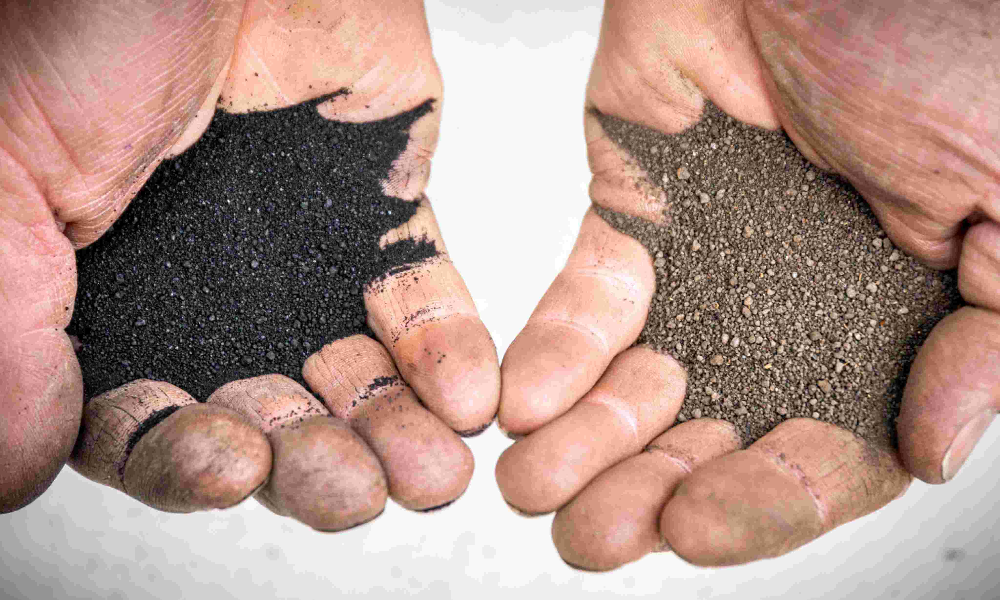 Two hands holding biochar