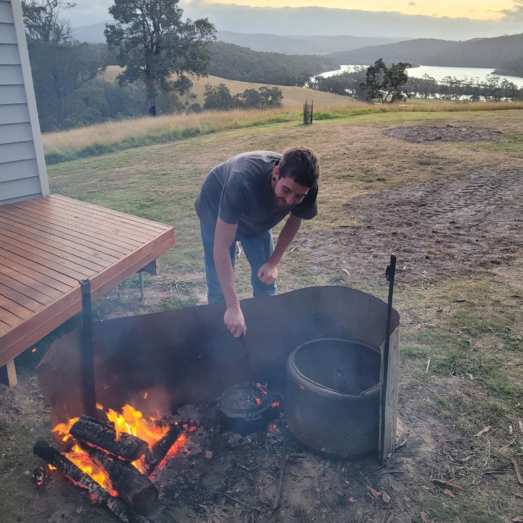 Luke Williams cooking kangaroo stew at Black Duck Foods Farm on Bidawal Country in the southern part of the Yuin Nation near the Wallagaraugh River. 