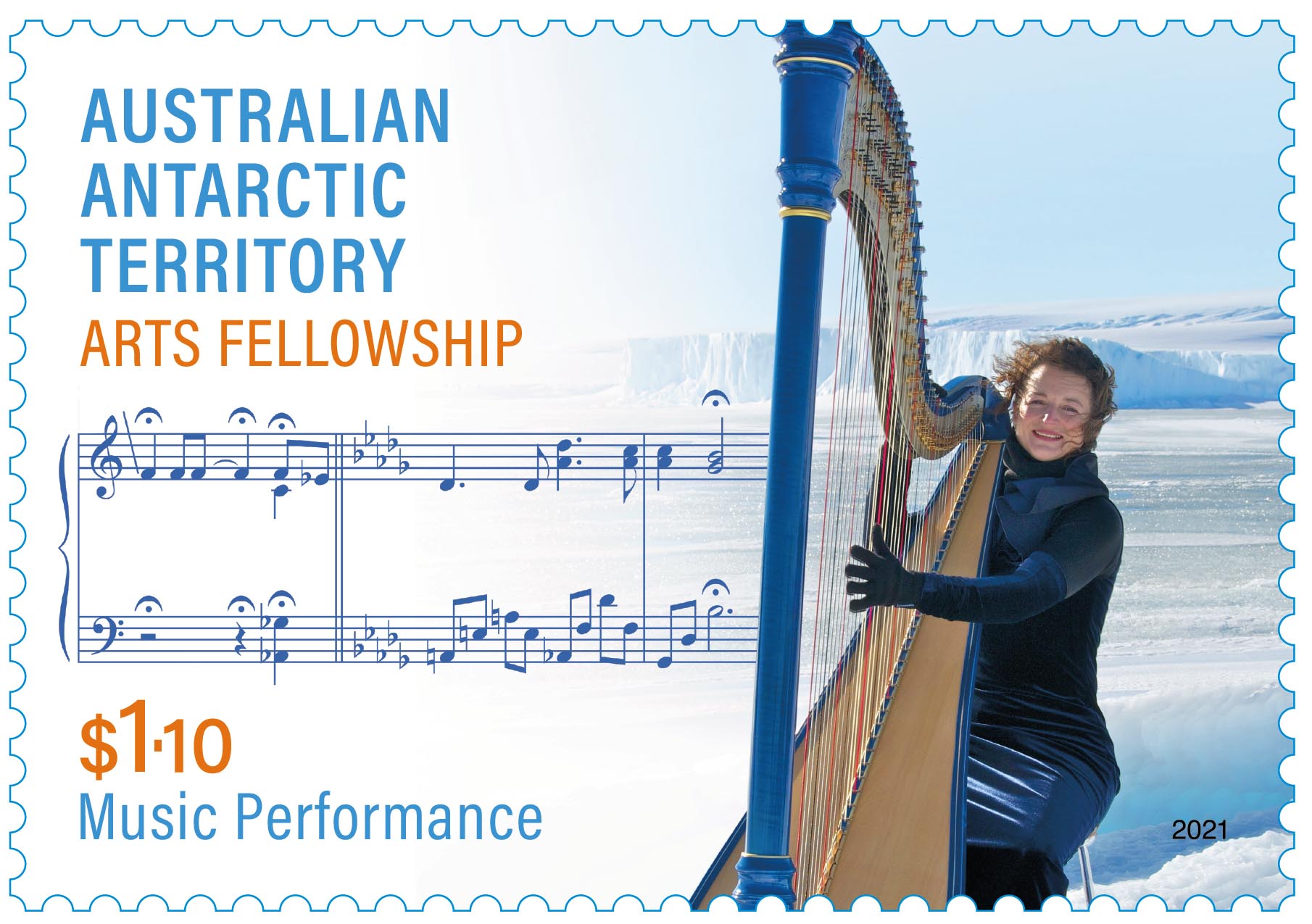 Alice Giles playing harp on the ice.