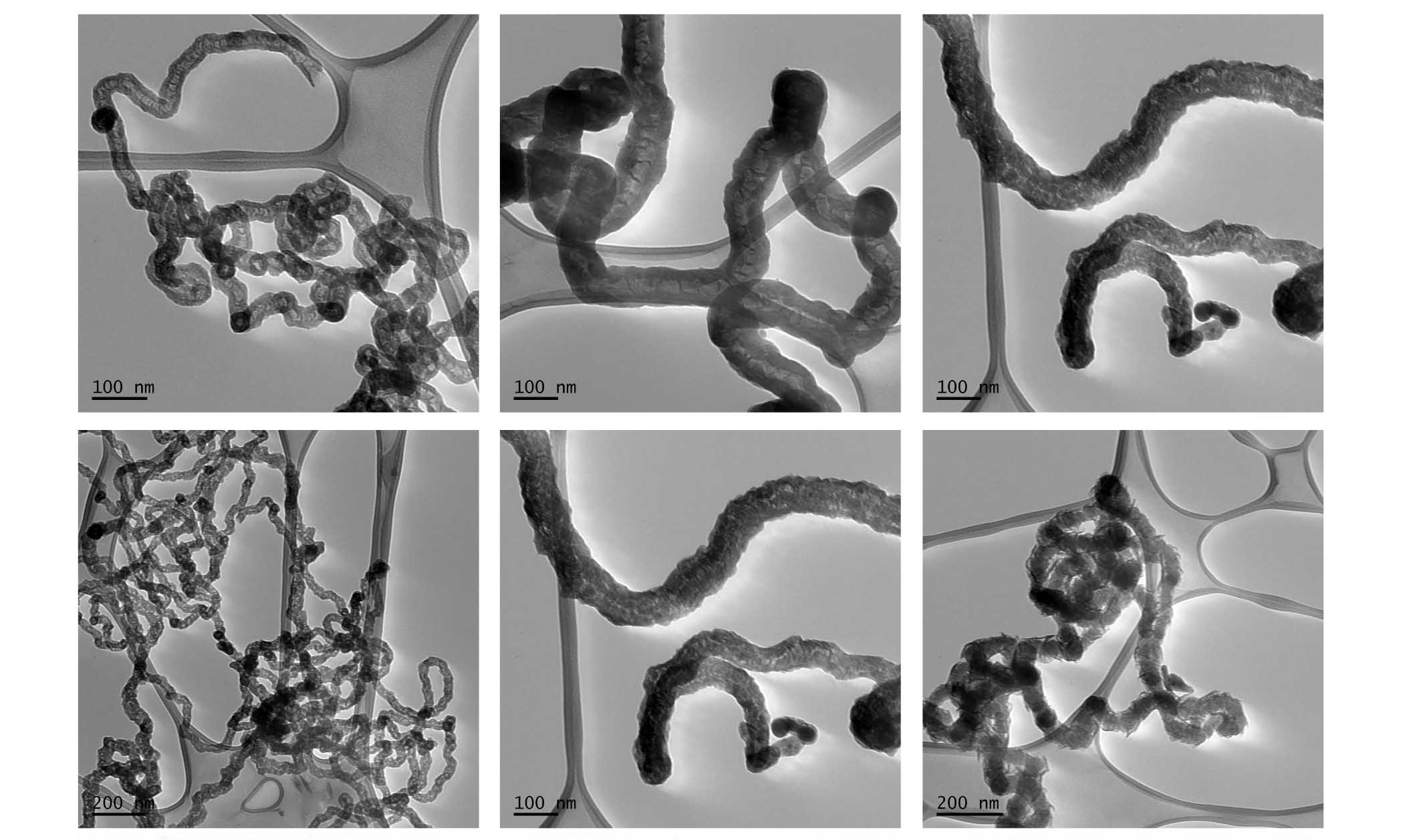 Examples of carbon nanotubes produced with the new approach, at different magnifications.
