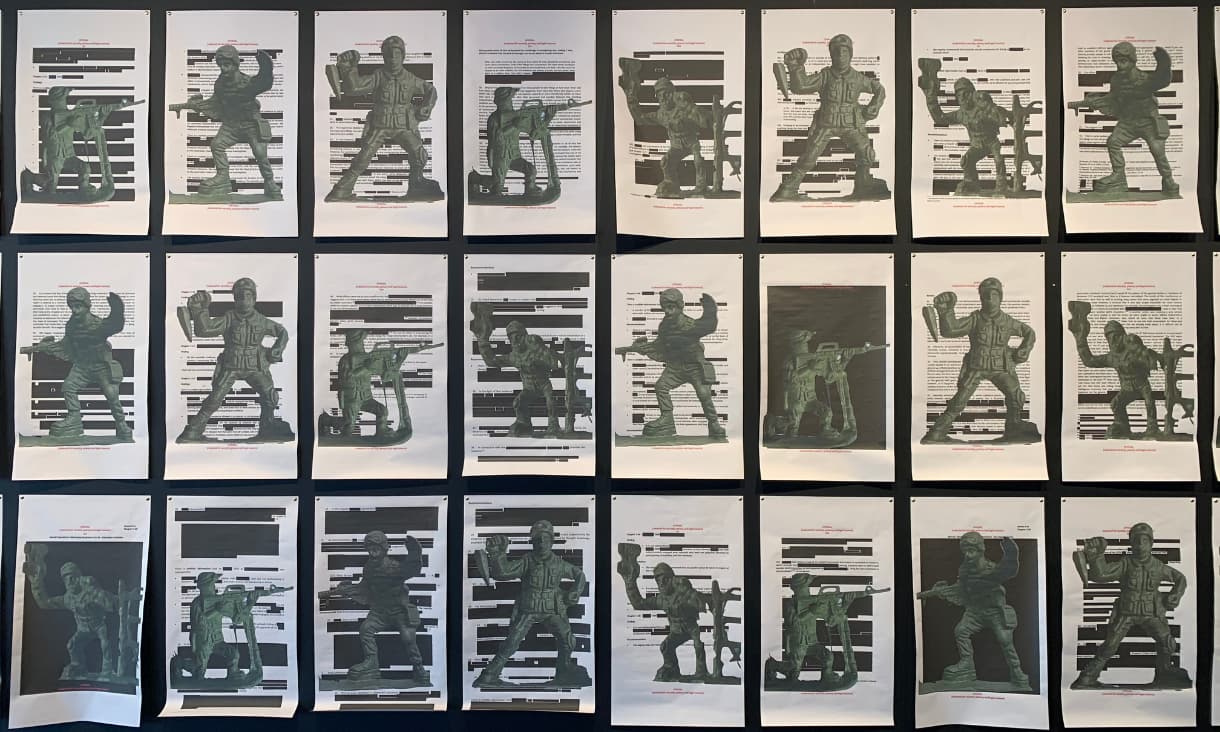 Some of the images of plastic figures overlaid onto pages of the Brereton Report.