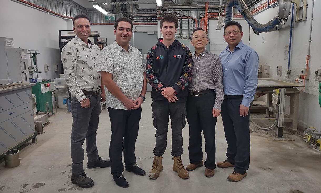 The RMIT research team: Dr Rajeev Roychand, Dr Mohammad Saberian, PhD scholar Shannon Kilmartin-Lynch, Professor Jie Li and Professor Kevin Zhang. Credit: RMIT University