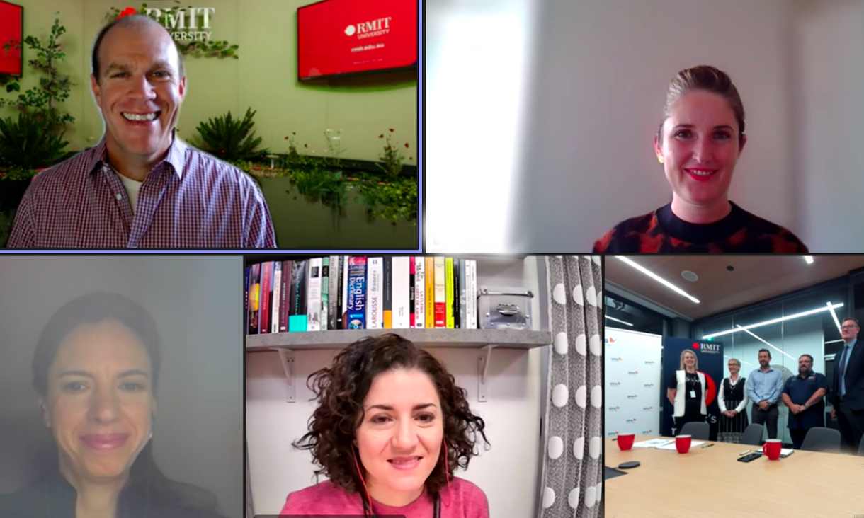 L-R: Matt Salier, Director, RMIT Activator; Alicia Berger, Education Product Designer and Facilitator, RMIT Activator; Dr Marta Fernandez , Executive Director, RMIT Europe; Haridian Fuentes Cabrera, Community Stakeholder Engagement & Local Economic Development, GPG, Georgia Watson, Head of Education and Programs/Product, RMIT Activator; Margaret Ledwith, Industry Fellow – Innovation, RMIT Activator; David Santo Tomás , Project Director, Berrybank 1 Wind Farm; Nathan Micallef, Community Engagement Officer, Berrybank 1 Wind Farm and Tom Bentley, Executive Director – Policy, Strategy and Impact, RMIT, at the signing ceremony.