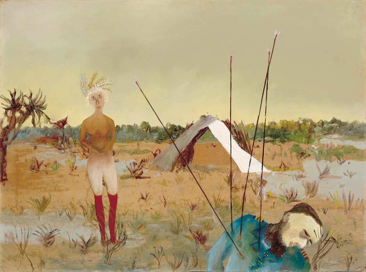 Sidney Nolan Death of Captain Fraser 1948. Enamel on compressed fibre board 91.2 x 122.4 cm. Canberra Museum and Gallery, Canberra. Gift of the artist to the people of Australia 1974. © Canberra Museum and Gallery