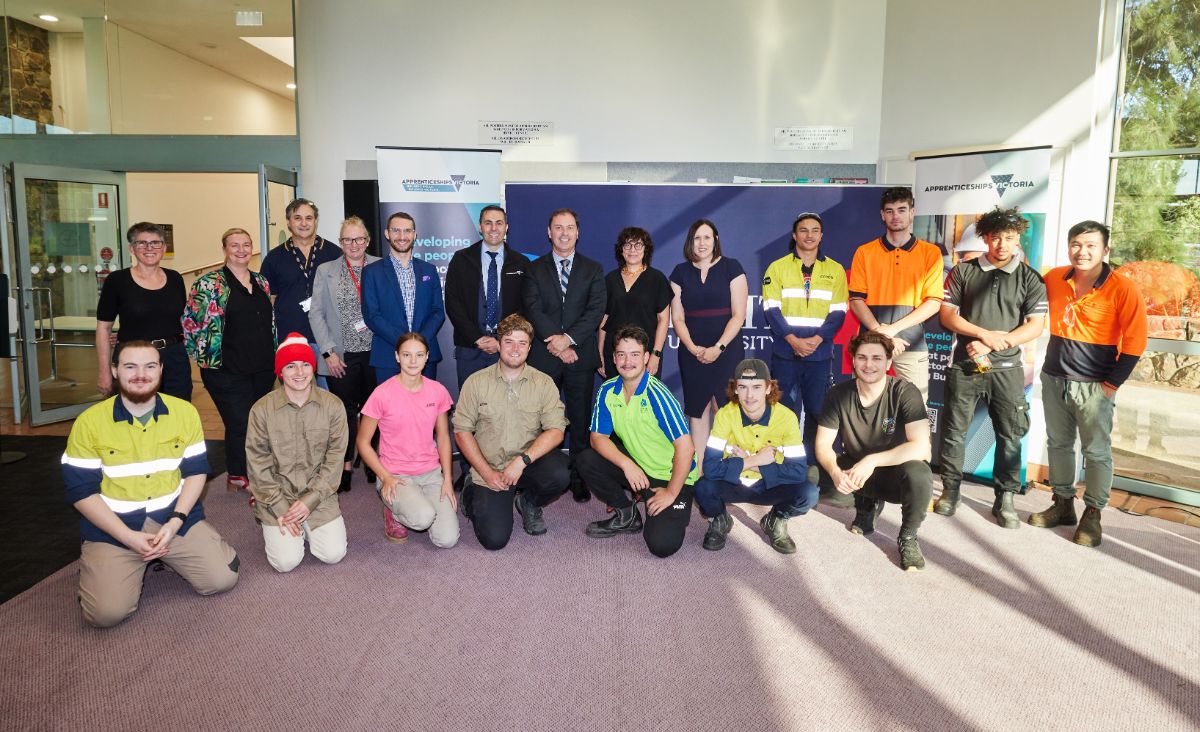 Caption: Colin Brooks MP, State Member for Bundoora and Franklin O’Carroll, Director at Apprenticeships Victoria, with some of our College of VE leaders and students, to launch the new grant at our Bundoora campus.