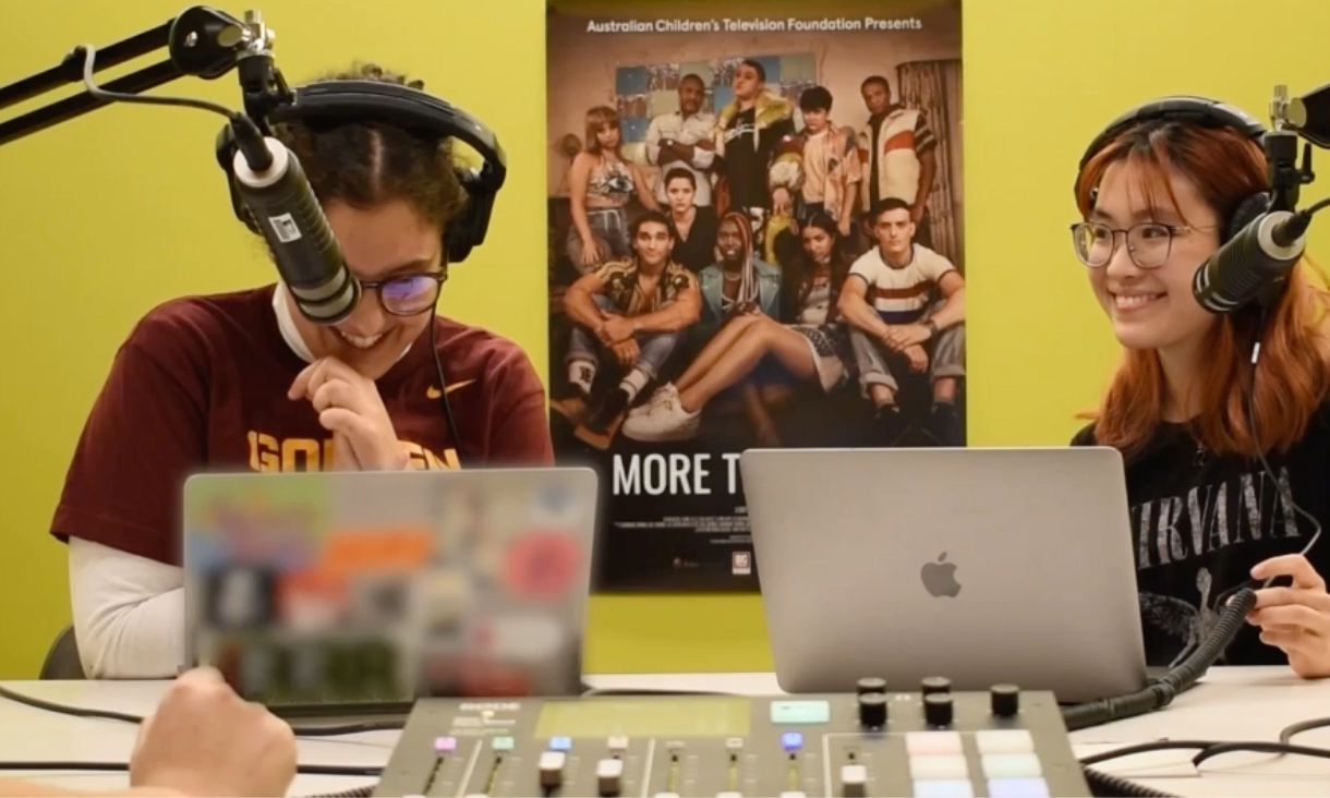 Anika and co-host record podcast in studio