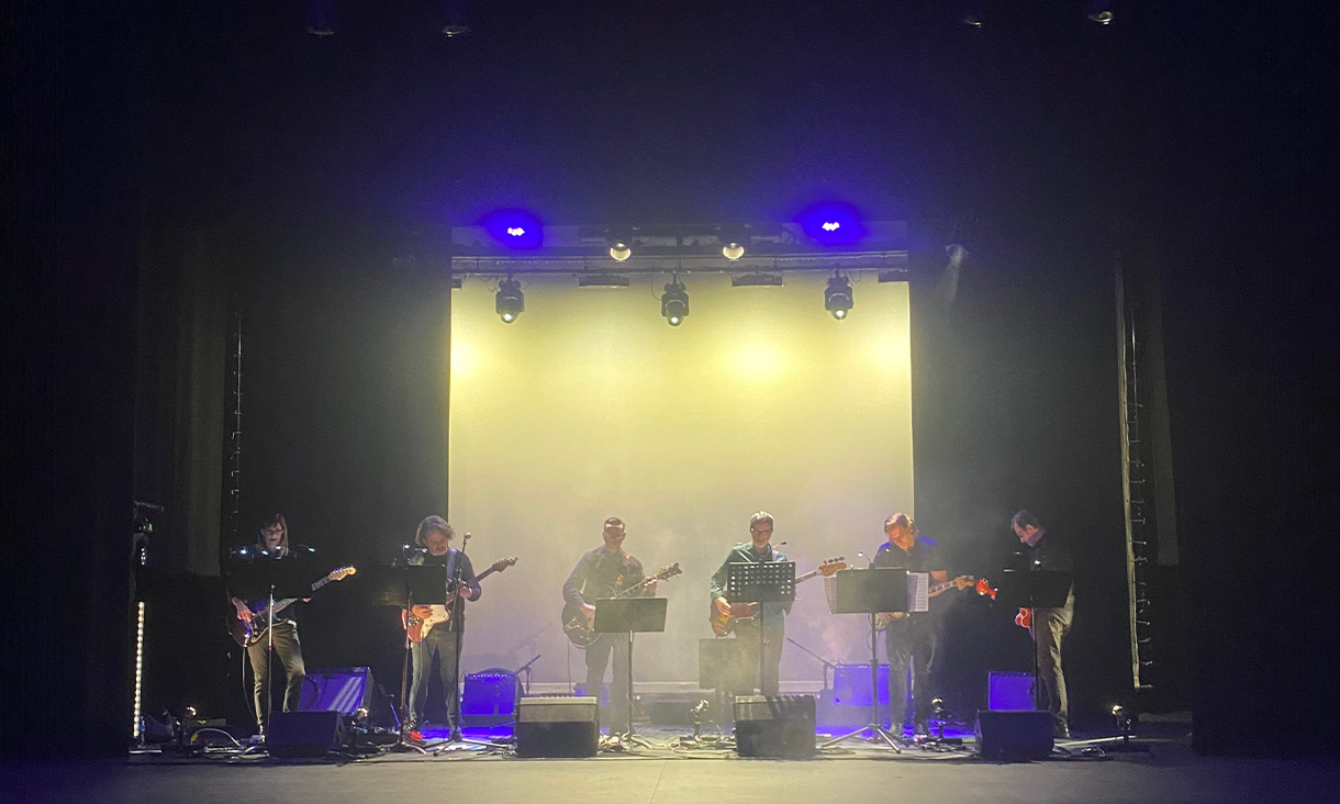 Above: VE teachers – John Phillips, Rosie Westbrook, Greg Long and Paul Thomas – all performed in the guitar orchestra. 