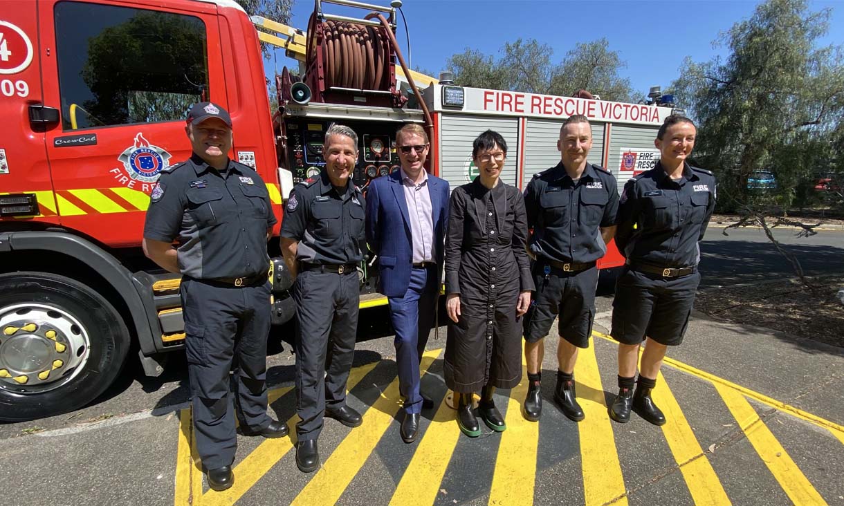 Firefighters from Fire Rescue Victoria with Interim Dean, Fashion & Textiles, Scott Mayson and Associate Deputy Vice Chancellor Learning and Teaching (DSC), Robyn Healy.