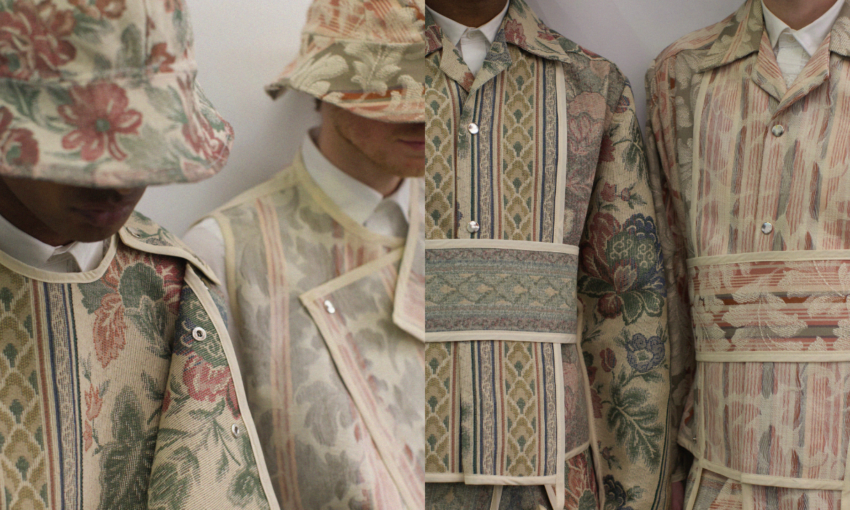 Michael De Souza’s collection ‘Integration Through Dress’. Models wear formal looking attire with floral patterns and muted tones.