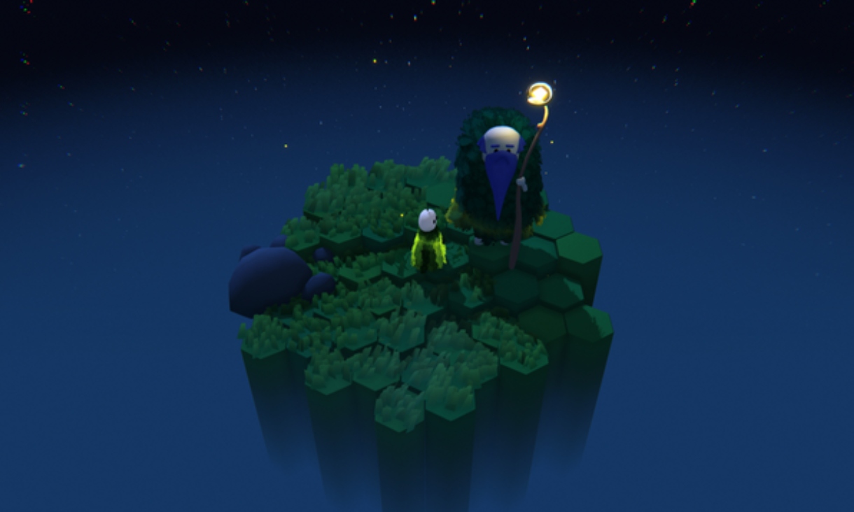 Graphic from Florrae featuring island in middle of space.