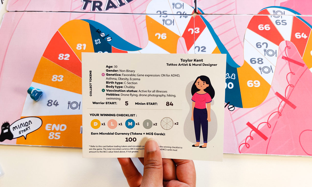 Player holding a Persona card. The Gooey Gut Trail board game is in the background.