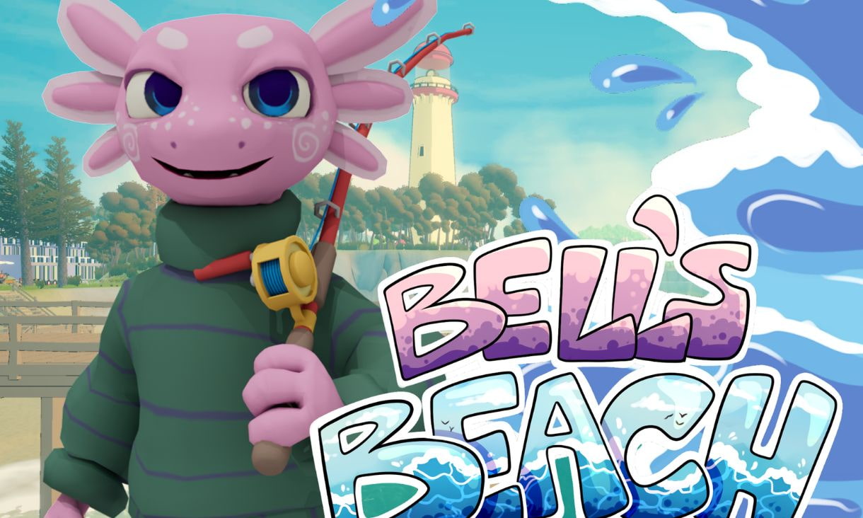 The opening screen of the game Bell's Beach, with the title in front of the main playable character holding a fishing rod.