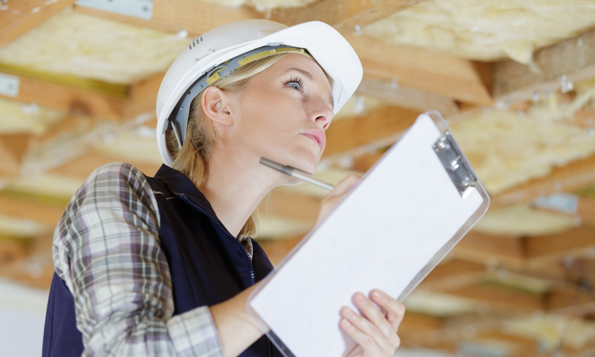 A building assessor wearing a helmet is looking at the insulation on the ceiling of a building while taking notes on a clipboard.