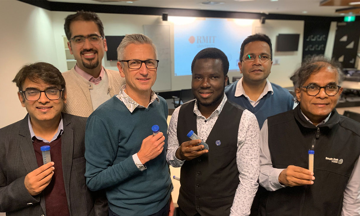Professor Kalpit Shah, Dr Mojtaba Hedayati Marzbali, Dr David Bergmann, PhD researcher Ibrahim Hakeem, Dr Abhishek Sharma and Dr Aravind Surapaneni (left to right) at RMIT University. Credit: RMIT University
