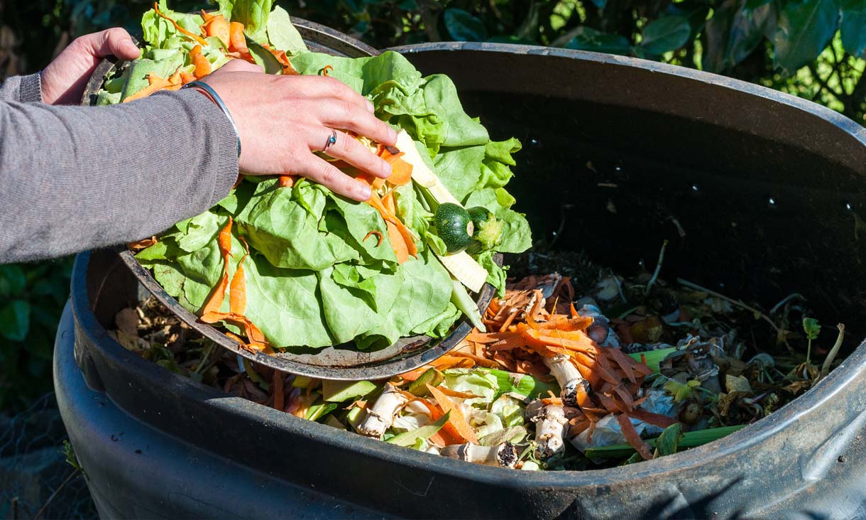 A person putting vegetable scraps into a compost bin.