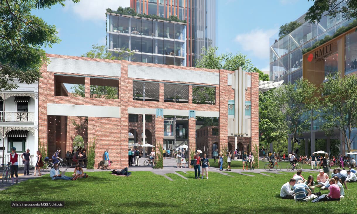 An artist's concept of a future green space with people sitting on the grass with City North buildings in the background