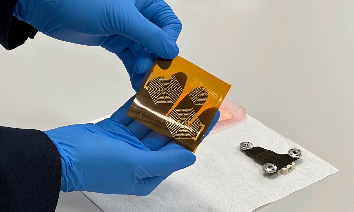 The dry electrodes (foreground), dressing and Bluetooth module that form parts of the RMIT ECG device. Credit: Seamus Daniel, RMIT University