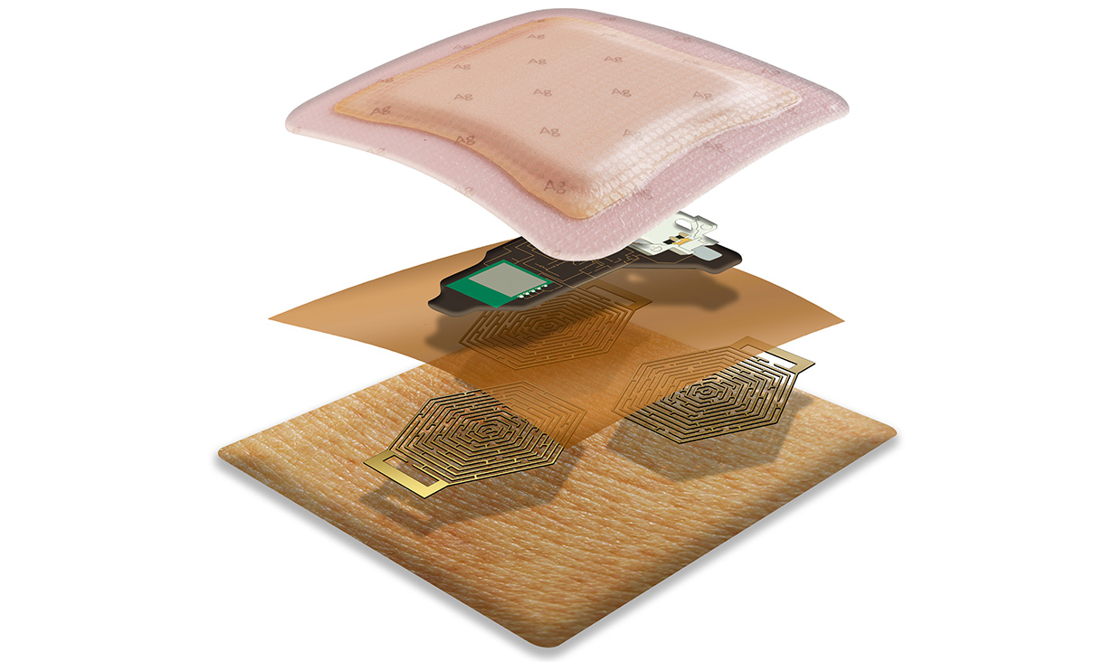 An artist's impression of the RMIT ECG device, showing the various layers including a dressing, Bluetooth module and dry electrodes. Credit: Supplied by the research team