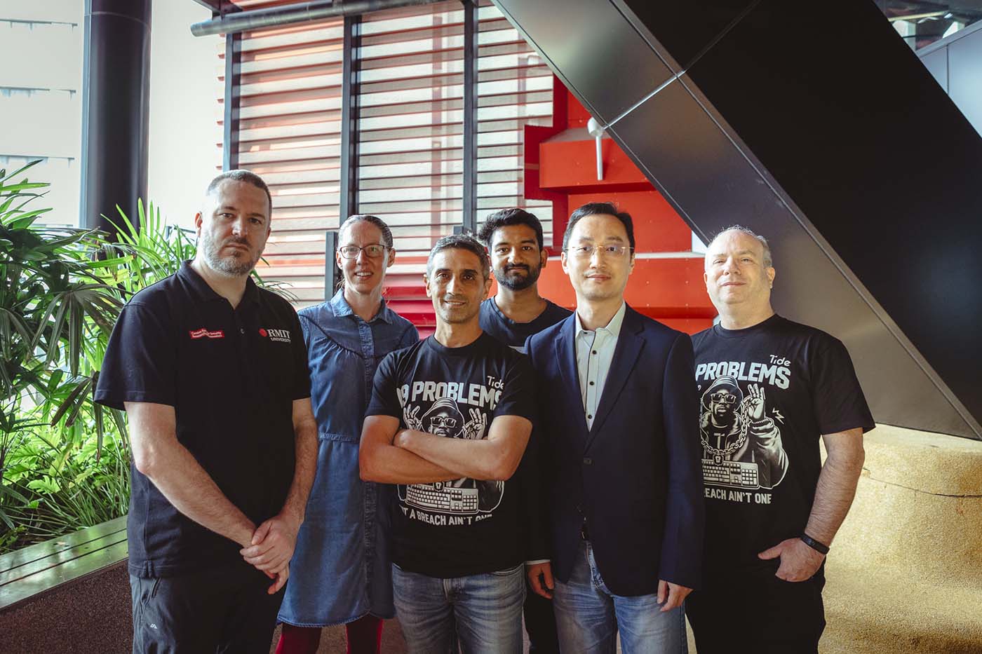 Just some of the team behind the collaboration: Dr Matt Skerritt (RMIT), Dr Joanne Hall (RMIT), Michael Loewy (Tide), Amal Saju Kalarickal (RMIT student), Dr Robert Shen (RMIT), Yuval Hertzog (Tide). Credit: Peter Clarke.