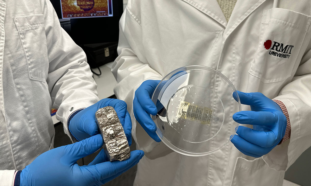 Bismuth metal and the team’s wearable device (left to right). Credit: Seamus Daniel, RMIT University