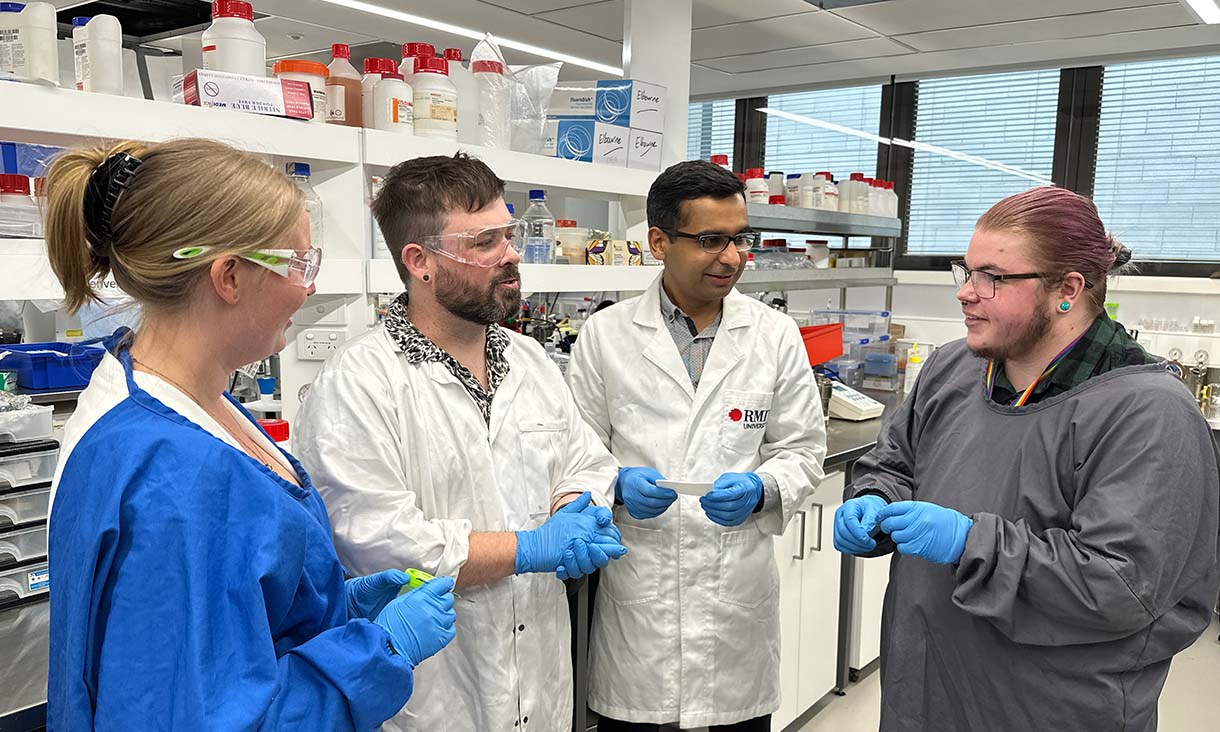 Dr Saffron Bryant, Dr Aaron Elbourne, Professor Sumeet Walia and PhD scholar Zo Shaw (left to right) in a lab at RMIT University. Credit: Seamus Daniel, RMIT University