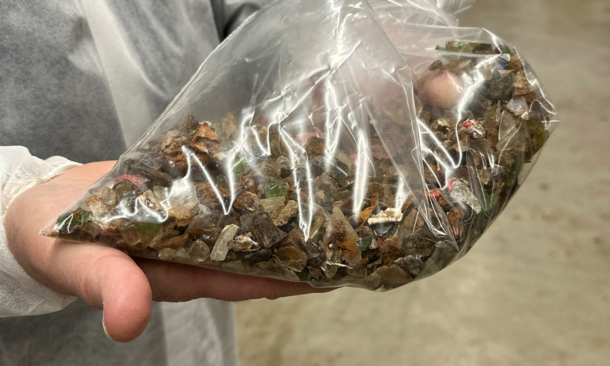 Waste glass that the team can use in their energy-smart bricks. Credit: Seamus Daniel, RMIT University