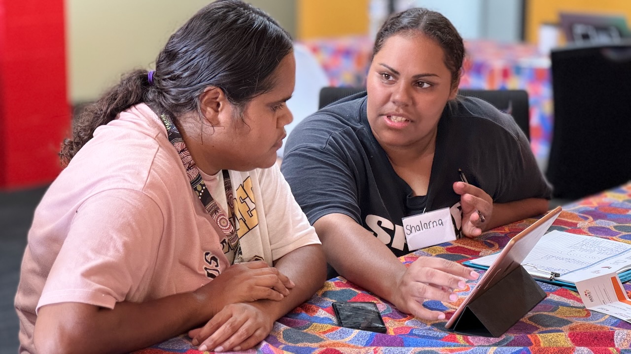 Shanisha Harris doing the survey with Shalarna Thorpe in Wilcannia, New South Wales.