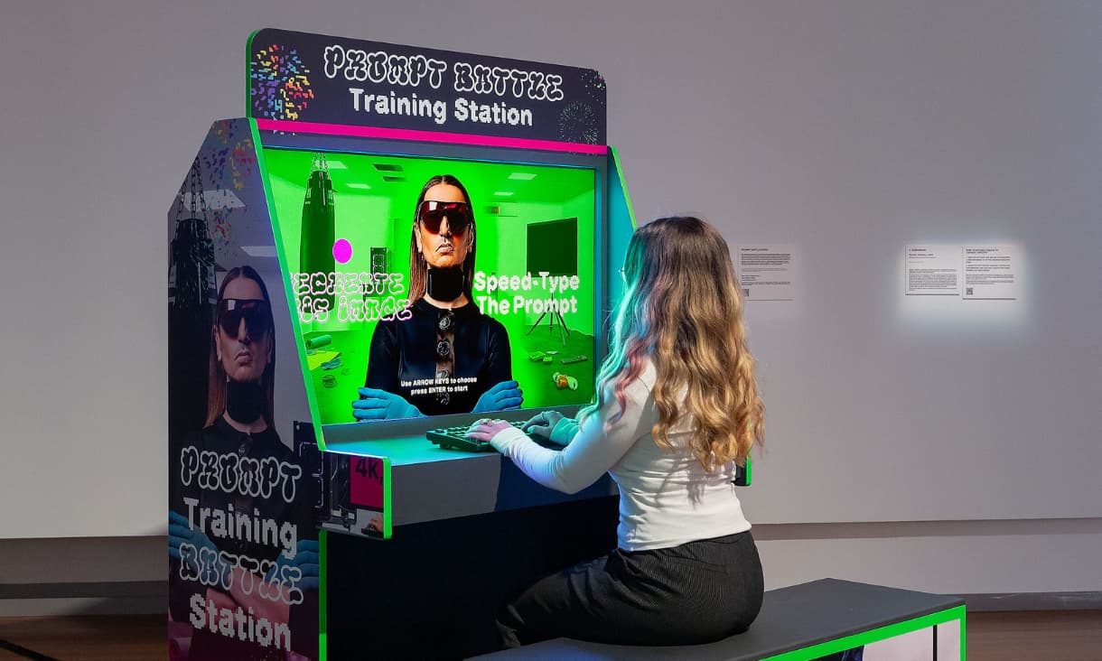 A person sitting at a big console playing an AI image generator game