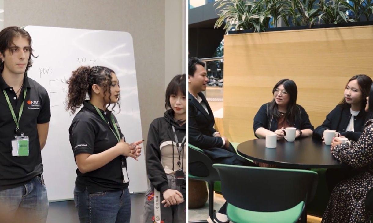 Two images. One of student team presenting. One of people catching up over coffee.