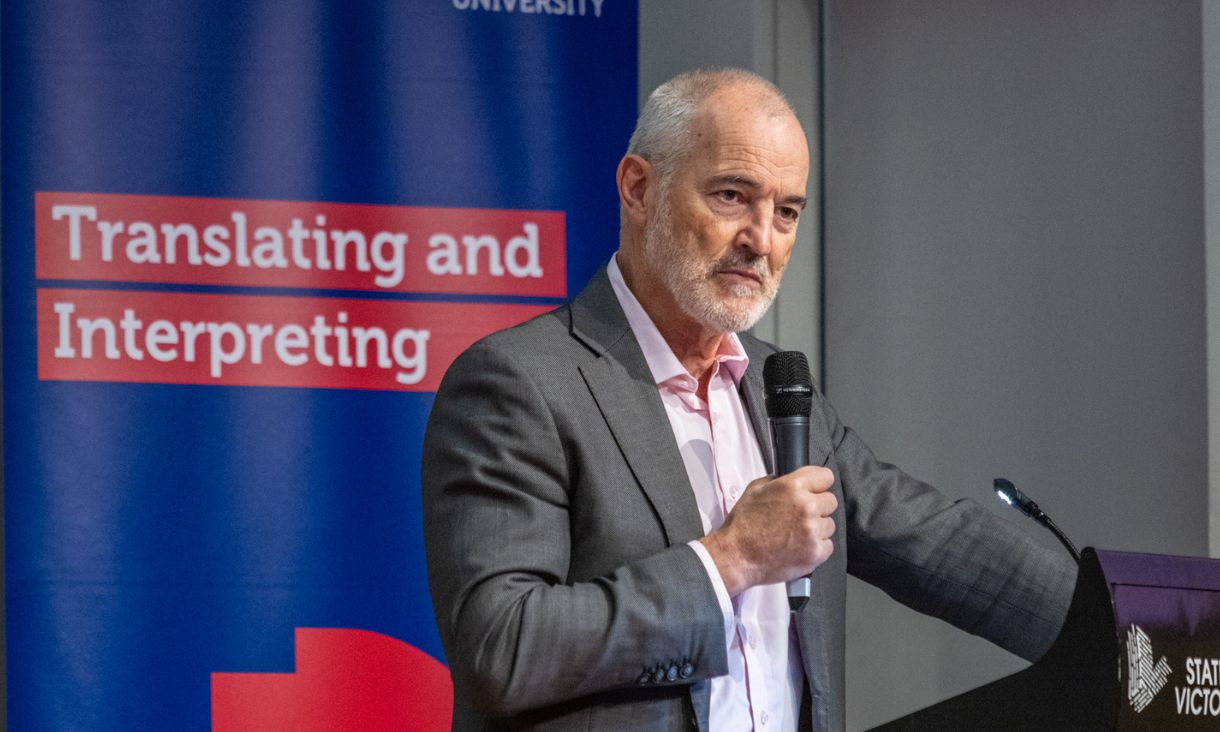 Vice-Chancellor and President Professor Alec Cameron speaking at lectern.