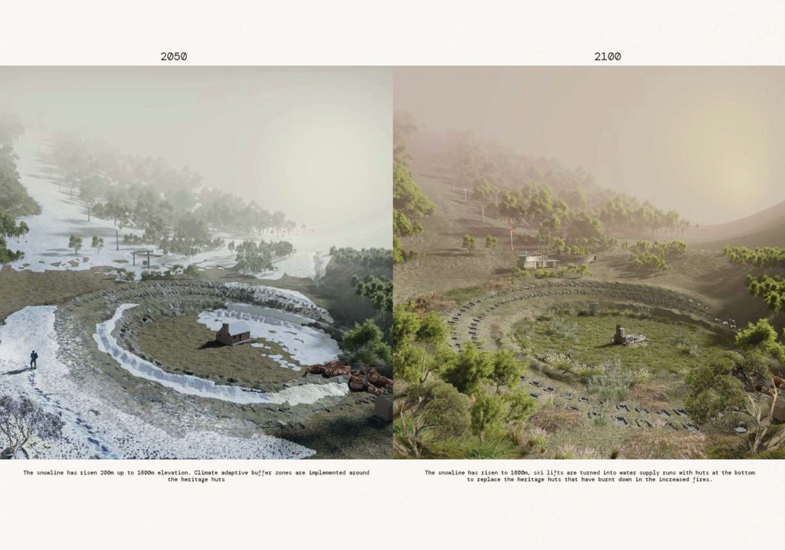 Silver Brumby Hut faces the harsh reality of a rising snowline and is proposed to become a camp site in future. A series of buffer zones radiate out from the heritage hut, creating protection from increased fires and containing invasive species.