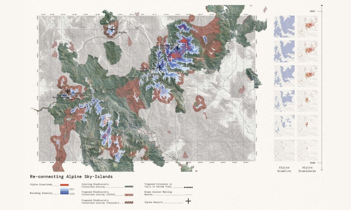 The snowline and the alpine grasslands will shrink rapidly in the next 75 years. Proposed biodiversity zones, offset from the receding snowline and the trail, create a buffer for the receding alpine grasslands.