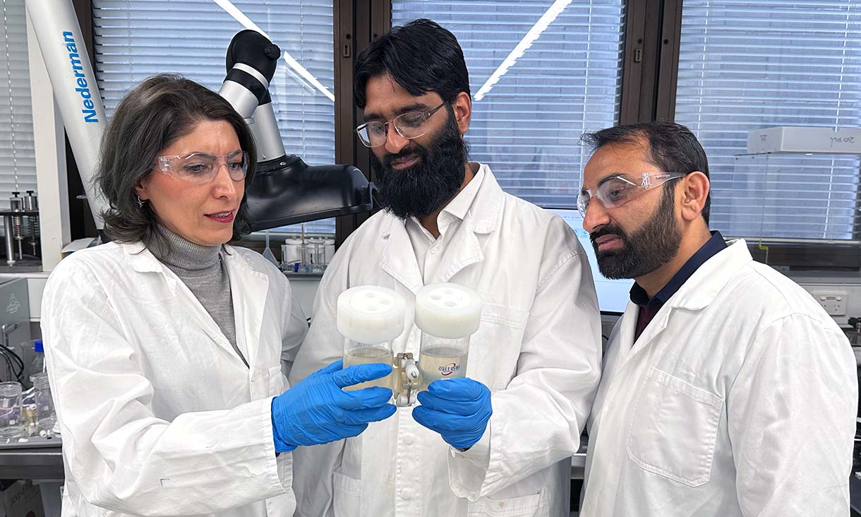 A female scientist with two male scientists inspecting a lab experiment.