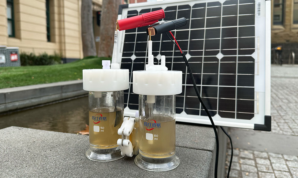 A water-splitting demonstration using dirty water and a solar panel to provide electricity.